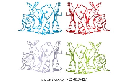 Pets Animals Set. Pets Icon Vector Illustration. Rabbit, Cat, Dog And Parrot
