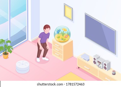 Pets, aquarium fish owner at home, vector isometric illustration. Boy or girl looking at round aquarium on table stand with exotic tropical fishes pets, modern house interior background