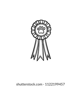 Pets Award Rosette Hand Drawn Outline Doodle Icon. Medal With Dog Footprint As Pets Exhibition Winner Concept. Vector Sketch Illustration For Print, Web, Mobile And Infographics On White Background.