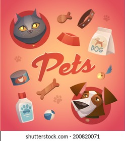 Pets background. Cartoon styled vector illustration.