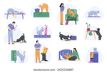 Haustiere schlechtes Verhalten. Cartoon freche Katze und Hund zerstören Haus, schelmische Tiere machen Chaos und Chaos. Vektor-flacher Satz des Haustierverhaltens, Cartoon-Illustration