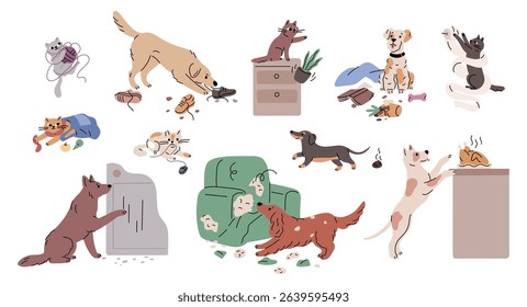 Pets bad behavior. Naughty cats and dogs tearing up furniture upholstery, gnawing on shoes, break things, making trouble, problems with domestic animals, garish vector cartoon isolated set
