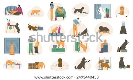 Pets bad behavior. Naughty dog and cat behavior, canine problem activities. Doggy chewing, damage home interior and things. Troubles in pet animals life. Flat vector set isolated on white background.