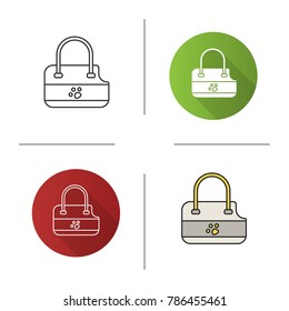 Pets bag carrier icon. Flat design, linear and color styles. Dog purse. Isolated vector illustrations