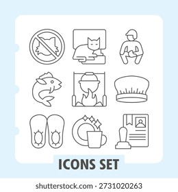 Pets ban, peces, sandalias conjunto de iconos simples que representan mascotas, cocina, calzado, celebración, artículos de trabajo de oficina en estilo de contorno para App e impresión sobre fondo blanco. Conjunto de nueve iconos de línea delgada