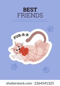 Pets banner or card template with funny kitten is tangled in a ball of thread, flat vector illustration on color background. Banner or card for pets shop or shelter.