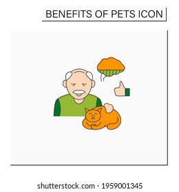 Pets benefits color icon. Cat help adults with Alzheimer disease. Animals soothe, reduce stress levels.Animal caring concept. Isolated vector illustration