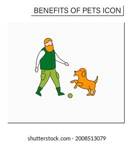 Pets benefits color icon. Puppy provide companionship. Man plays with dog.Animal caring concept. Isolated vector illustration