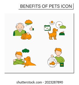Pets benefits color icons set. Fish feed, ease loneliness, help adults with Alzheimer disease, change schedule. Different pets.Animal caring concept. Isolated vector illustrations