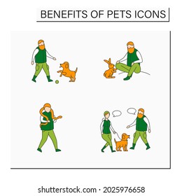 Pets benefits color icons set. Help relieve depression, anxiety, lower stress levels. Different pets.Animal caring concept. Isolated vector illustration