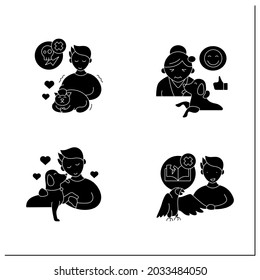 Pets benefits glyph icons set. Help relieve depression, anxiety, lower stress levels. Different pets.Animal caring concept. Filled flat signs. Isolated silhouette vector illustrations