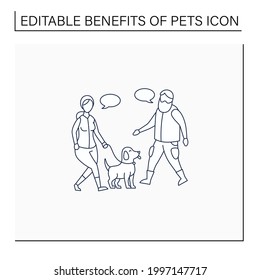 Pets benefits line icon.Helps meet new people, acquaintances. Walking with a dog. Communication. Animal caring concept. Isolated vector illustration.Editable stroke