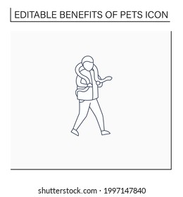 Pets benefits line icon.Keep snake on shoulders. Care, handle, feed. Animal caring concept. Isolated vector illustration.Editable stroke