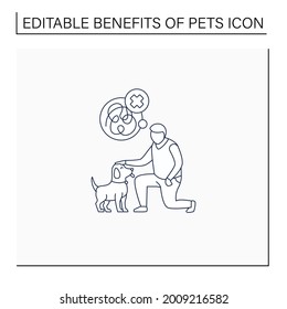 Pets Benefits Line Icon.Reducing Anxiety. Calming Down. Dog Help With Depression.Reduce Stress. Animal Caring Concept. Isolated Vector Illustration.Editable Stroke