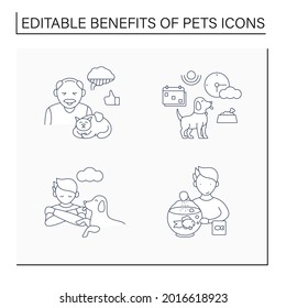 Pets benefits line icons set. Fish feed, ease loneliness, help adults with Alzheimer disease, change schedule. Different pets.Animal caring concept. Isolated vector illustrations.Editable stroke