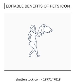 Pets benefits line icon.Woman have parrot. Communication. Reduce stress level. Companionship. Animal caring concept. Isolated vector illustration.Editable stroke