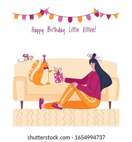 Pets birthday concept - girl gives gift box to red cat in festive hat, cozy room interior with holiday decorations, surprise for kitten, domestic animal and peole together, vector cartoon illustration