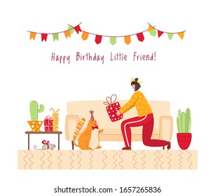 Pets birthday concept - girl gives gift box to red cat in festive hat, cozy room interior with holiday decorations, surprise for kitten, domestic animal and peole together, vector cartoon illustration