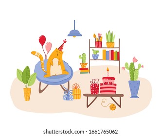 Haustiere Geburtstagskonzept - rote Katze im festlichen Hut auf Sessel im gemütlichen Zimmer mit Feriendekoration, Geschenkbox-Überraschungen für Kätzchen, Haus-Topfpflanzen im Innenbereich - Vektorillustration-Cartoon-Illustration