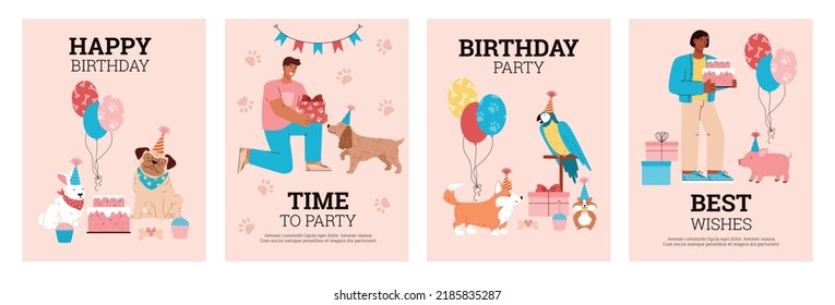 Cartas de cumpleaños de mascotas o colección de invitaciones, ilustración vectorial plana. Juego de tarjetas o pancartas con propietarios celebrando el cumpleaños de sus mascotas domésticas.