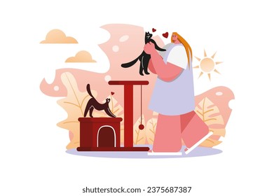 Pets and body positive concept with people scene in the flat cartoon design. The girl plays with her favorite cats and spends a pleasant time. Vector illustration.