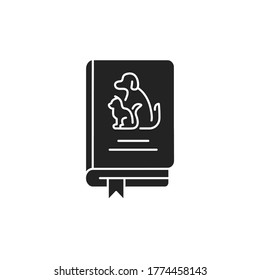 Pets book black glyph icon. Animal guide book. Learning how to behave with pets at home. Training pets. Pictogram for web page, mobile app, promo. UI UX GUI design element. Editable stroke