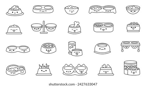 Pets bowl with happy face. Coloring Page. Food for cats and dogs.Cartoon kawaii character. Hand drawn style. Vector drawing. Collection of design elements.