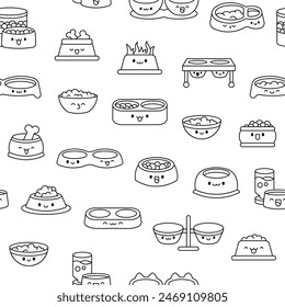 Pets bowl with happy face. Seamless pattern. Coloring Page. Food for cats and dogs. Cartoon kawaii character. Hand drawn style. Vector drawing.