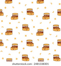 Pets bowl with happy face. Seamless pattern. Food for cats and dogs. Cartoon kawaii character. Hand drawn style. Vector drawing. Design ornaments.