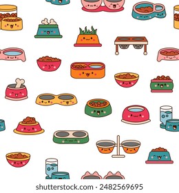 Pets bowl with happy face. Seamless pattern. Food for cats and dogs. Cartoon kawaii character. Hand drawn style. Vector drawing. Design ornaments.