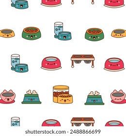 Pets bowl with happy face. Seamless pattern. Food for cats and dogs. Cartoon kawaii character. Hand drawn style. Vector drawing. Design ornaments.