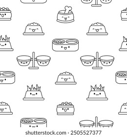 Pets bowl with happy face. Seamless pattern. Coloring Page. Food for cats and dogs. Cartoon kawaii character. Hand drawn style. Vector drawing.