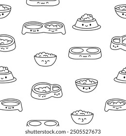 Pets bowl with happy face. Seamless pattern. Coloring Page. Food for cats and dogs. Cartoon kawaii character. Hand drawn style. Vector drawing.
