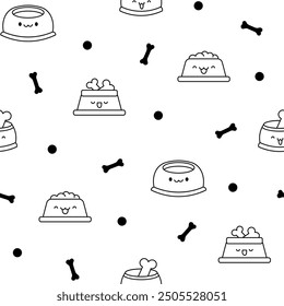 Pets bowl with happy face. Seamless pattern. Coloring Page. Food for cats and dogs. Cartoon kawaii character. Hand drawn style. Vector drawing.