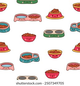 Pets bowl with happy face. Seamless pattern. Food for cats and dogs. Cartoon kawaii character. Hand drawn style. Vector drawing. Design ornaments.