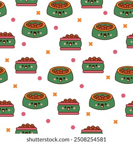 Pets bowl with happy face. Seamless pattern. Food for cats and dogs. Cartoon kawaii character. Hand drawn style. Vector drawing. Design ornaments.