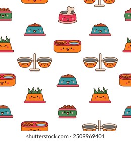 Pets bowl with happy face. Seamless pattern. Food for cats and dogs. Cartoon kawaii character. Hand drawn style. Vector drawing. Design ornaments.