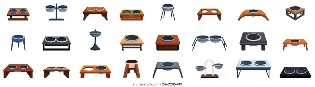 Pets bowl stand icons set vector. A collection of dog bowls and dog dishes. Some are wooden, some are metal, and some are plastic