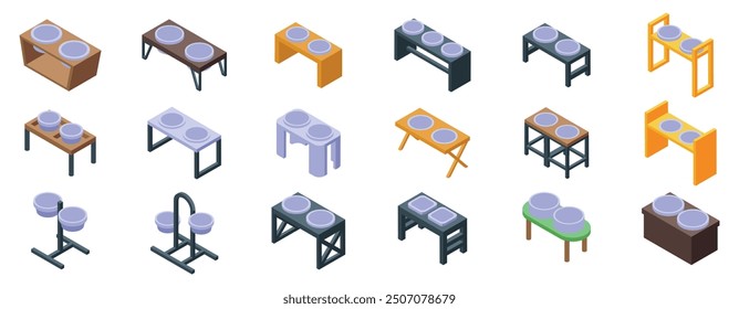 Pets bowl stand icons set. Different variants of bowls for feeding cats and dogs on special stands in isometric view