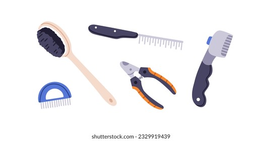 Pets brushes, combs, hair remover, cleaning tools, cutting clipper set. Claw and fur care, hygiene accessories, grooming supplies. Animals stuff. Flat vector illustrations isolated on white background