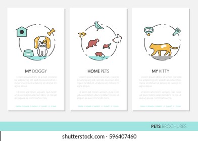 Pets Business Brochure. Linear Thin Line Vector Icons with Dog Cat Bird and Fish