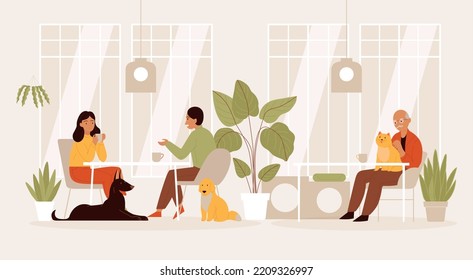 Pets cafe composition with silhouette interior of cafeteria with houseplants and people drinking coffee with animals vector illustration