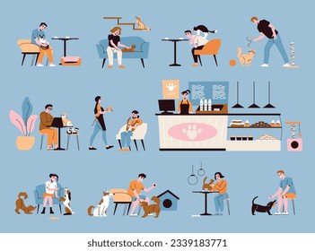 Pets cafe interior flat set on color background with happy people playing and stroking cats and dogs isolated vector illustration