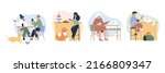 Pets in a cafe or restaurant, a set of flat illustrations on a white background. A dog and a cat together with friendly people in the same cafe. A person drinks tea, coffee with a pet in a cafe