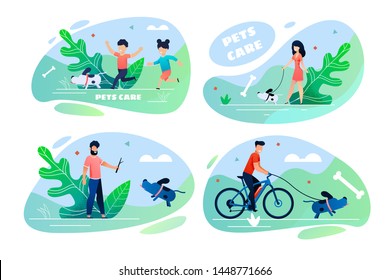 Pets Care Cartoon People and Domestic Animals Set. Scenes Bundle with Happy Children, Single Men and Woman Walking Dogs, Playing with Puppy. Spending Time Outdoors. Vector Flat Illustration