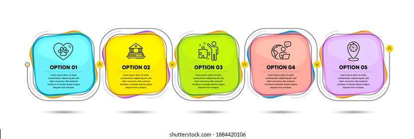 Pets care, Court building and Strategy line icons set. Timeline process flowchart. Timer sign. Love animals, Government house, Business plan. Location pointer. Business set. Vector