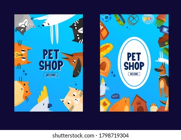 Pets with care equipment and text label. Vector background templates. Ad poster designs for pet shop, clinic or else.