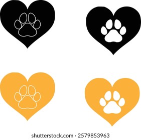 pets care icon , puppy icon.Dog track on the background of the hea.Black love paw print with dog silhouette Dog paw isolated on white love icon vector illustration isolated on white background.