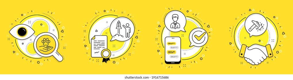 Pets care, Launch project and Businessman line icons set. Licence, cell phone and deal vector icons. Hammer blow sign. Shelter, Business innovation, User data. Crash tool. Business set. Vector