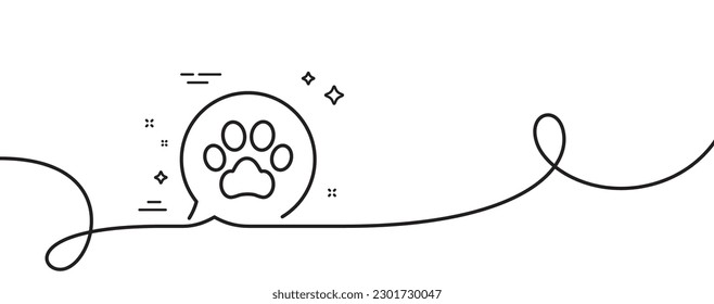 Pets care line icon. Continuous one line with curl. Veterinary clinic bubble sign. Dog paw speech bubble symbol. Pets care single outline ribbon. Loop curve pattern. Vector